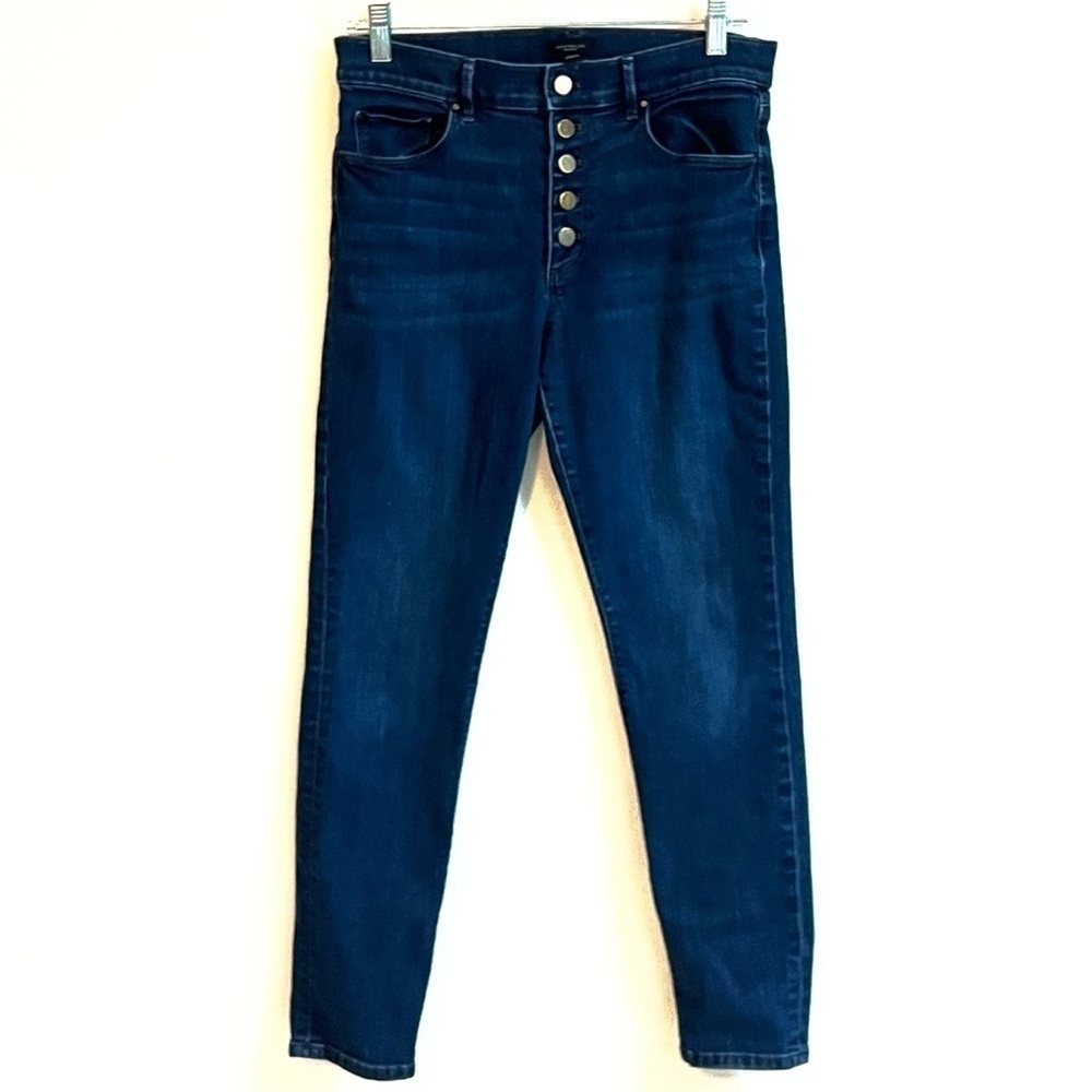 Ann Taylor Skinny Jeans Dark Wash Mid Rise Button Fly Solid Blue Stretchy Sz 6